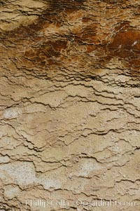 Detail showing mineral deposition and thermophilic cyanobacteria and algae, Orange Spring Mound, Yellowstone National Park, Wyoming