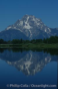 Mount Moran in the Teton Range is reflected in a sidewater of the Snake River at Oxbow Bend, summer, Grand Teton National Park, Wyoming