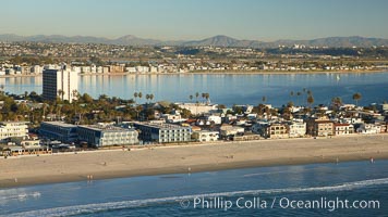 Pacific Beach, oceanfront homes and apartments, with Mission Bay behind, San Diego, California