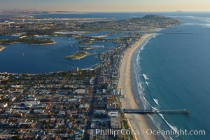 Pacific Beach, Crystal Pier and Mission Bay, looking south.  Point Loma is seen in the distance, San Diego, California