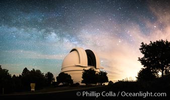 Palomar Observatory at Night under the Milky Way, Panoramic photograph, Palomar Mountain, California