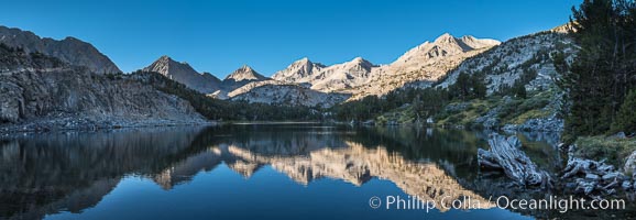 Panorama of Bear Creek Spire over Long Lake at Sunrise, Little Lakes Valley, John Muir Wilderness, Inyo National Forest