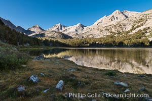 Panorama of Bear Creek Spire over Long Lake at Sunrise, Little Lakes Valley, John Muir Wilderness, Inyo National Forest. Little Lakes Valley, Inyo National Forest, California, USA, natural history stock photograph, photo id 31174