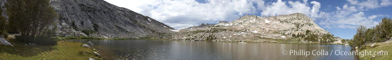 Panorama of Vogelsang Lake (10325'), a beautiful alpine lake in Yosemite's High Sierra.  Right is Vogelsang Peak (11516'), left is Vogelsang Pass, Yosemite National Park, California