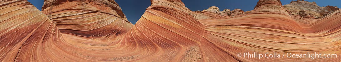 Panorama of the Wave.  The Wave is a sweeping, dramatic display of eroded sandstone, forged by eons of water and wind erosion, laying bare striations formed from compacted sand dunes over millenia.  This panoramic picture is formed from thirteen individual photographs, North Coyote Buttes, Paria Canyon-Vermilion Cliffs Wilderness, Arizona