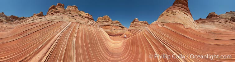 Panorama of the Wave.  The Wave is a sweeping, dramatic display of eroded sandstone, forged by eons of water and wind erosion, laying bare striations formed from compacted sand dunes over millenia.  This panoramic picture is formed from thirteen individual photographs, North Coyote Buttes, Paria Canyon-Vermilion Cliffs Wilderness, Arizona