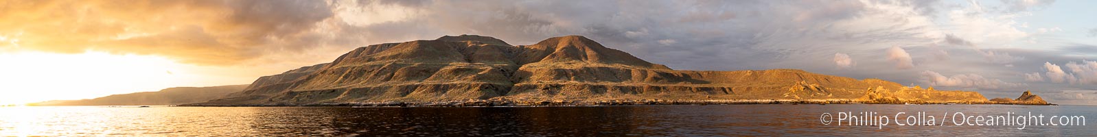 Sunset at San Clemente Island, south end showing Pyramid Head. Panoramic photo.