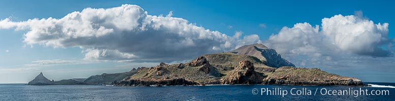 Sunrise at San Clemente Island, south end showing China Hat (Balanced Rock) and Pyramid Head, near Pyramid Cove. Panoramic photo.