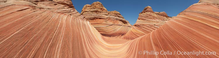 Panorama of the Wave.  The Wave is a sweeping, dramatic display of eroded sandstone, forged by eons of water and wind erosion, laying bare striations formed from compacted sand dunes over millenia.  This panoramic picture is formed from nine individual photographs, North Coyote Buttes, Paria Canyon-Vermilion Cliffs Wilderness, Arizona