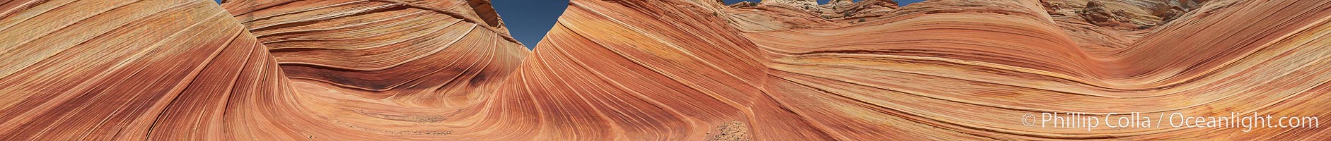 Panorama of the Wave.  The Wave is a sweeping, dramatic display of eroded sandstone, forged by eons of water and wind erosion, laying bare striations formed from compacted sand dunes over millenia.  This panoramic picture is formed from nine individual photographs, North Coyote Buttes, Paria Canyon-Vermilion Cliffs Wilderness, Arizona