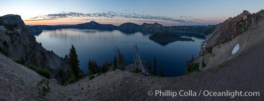 Panoramic picture of Crater Lake at dawn, sunrise, morning, panorama of Crater Lake National Park