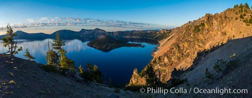 Panoramic picture of Crater Lake at dawn, sunrise, morning, panorama of Crater Lake National Park