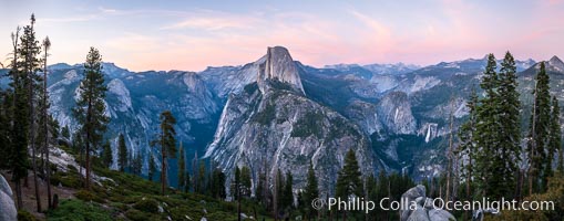 Panoramic view of Half Dome at sunset, Tenaya Canyon and Yosemite High Country, Yosemite National Park