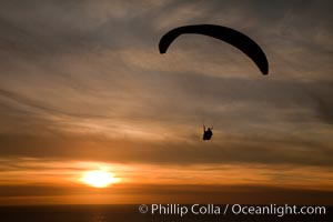 Paraglider soaring at Torrey Pines Gliderport, sunset, flying over the Pacific Ocean, La Jolla, California