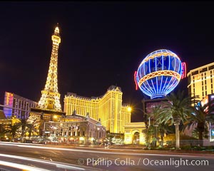 Image 20558, Half-scale replica of the Eiffel Tower rises above Las Vegas Boulevard, the Strip, in front of the Paris Hotel. Nevada, USA, Phillip Colla, all rights reserved worldwide. Keywords: las vegas, las vegas at night, nevada, paris hotel, usa.