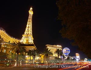 Half-scale replica of the Eiffel Tower rises above Las Vegas Boulevard, the Strip, in front of the Paris Hotel