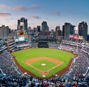 Petco Park, home of the San Diego Padres professional baseball team, overlooking downtown San Diego at dusk