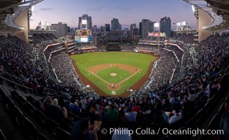 Petco Park, home of the San Diego Padres professional baseball team, overlooking downtown San Diego at dusk