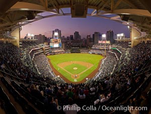 Petco Park, home of the San Diego Padres professional baseball team, overlooking downtown San Diego at dusk