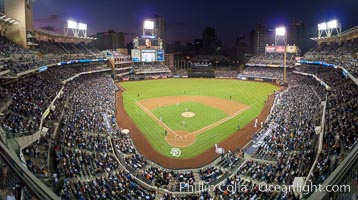 Petco Park, home of the San Diego Padres professional baseball team, overlooking downtown San Diego at dusk