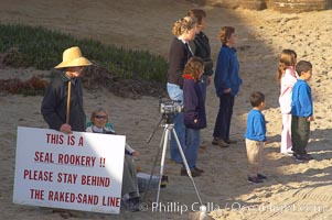 A La Jolla Friends of the Seals volunteer encourages visitors to stay away from the harbor seals at Childrens Pool in La Jolla, California while videotaping those who approach the seals.  The La Jolla colony of harbor seals, which has formed a breeding colony at a small but popular beach near San Diego, is at the center of considerable controversy.  While harbor seals are protected from harassment by the Marine Mammal Protection Act and other legislation, local interests would like to see the seals leave so that people can resume using the beach, Phoca vitulina richardsi