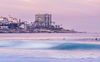 Point La Jolla at Dawn with Surfers and Pink Sunrise