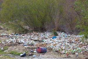 Pollution accumulates in the Tijuana River Valley following winter storms which flush the trash from Tijuana in Mexico across the border into the United States, Imperial Beach, San Diego, California