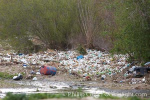 Pollution accumulates in the Tijuana River Valley following winter storms which flush the trash from Tijuana in Mexico across the border into the United States, Imperial Beach, San Diego, California