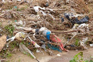 Pollution accumulates in the Tijuana River Valley following winter storms which flush the trash from Tijuana in Mexico across the border into the United States, Imperial Beach, San Diego, California