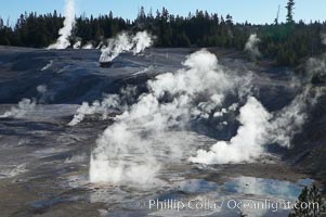 Steam rises in the Porcelain Basin, Norris Geyser Basin, Yellowstone National Park, Wyoming