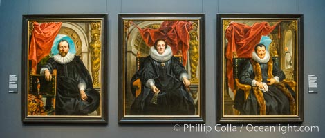 Portraits by Jacob Jordaens, Rijksmuseum. Portrait of Rogier Le Witer, Jacob Jordaens (I), 1635, canvas, h 152cm x w 118.4cm (left). Portrait of Catharina Behaghel, Jacob Jordaens (I), 1635, canvas, h 152cm x w 118cm (center). Portrait of Magdalena de Cuyper, Jacob Jordaens (I), c. 1635 - c. 1636, oil paint, h 152cm x w 118cm (right), Amsterdam, Holland, Netherlands