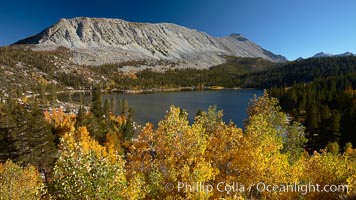 Mount Morgan and Rock Creek Lake with changing aspens, fall colors, autumn, Populus tremuloides, Rock Creek Canyon, Sierra Nevada Mountains
