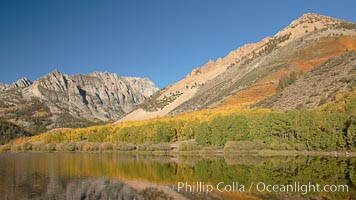 Aspen trees in fall, change in color to yellow, orange and red, reflected in the calm waters of North Lake, Paiute Peak rising to the right, Populus tremuloides, Bishop Creek Canyon, Sierra Nevada Mountains