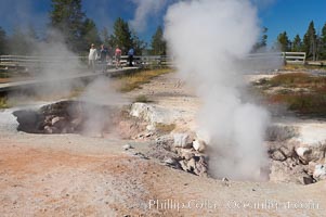 Red Spouter displaying as a fumarole, producing superheated steam.  At other times, Red Spouter may splash with mud or water.  Lower Geyser Basin, Yellowstone National Park, Wyoming