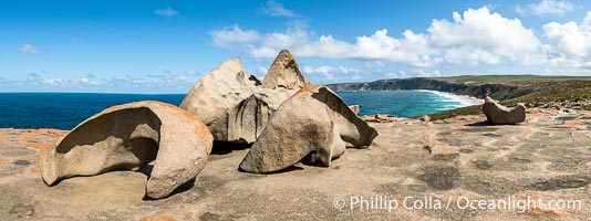 Remarkable Rocks Panoramic Photo. It took 500 million years for rain, wind and surf to erode these rocks into their current form.  They are a signature part of Flinders Chase National Park on Kangaroo Island, South Australia