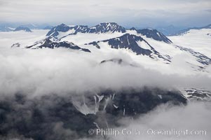 The Kenai Mountains rise above thick ice sheets and the Harding Icefield which is one of the largest icefields in Alaska and gives rise to over 30 glaciers, Kenai Fjords National Park