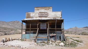 Former mercantile store building, long abandoned, in the ghost town of Rhyolite.  Rhyolite, on the border of Death Valley, was a gold and mineral mining town from 1904 to 1919, when it was abandoned