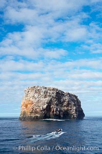 An inflatable boat full of adventurous divers heads towards Roca Redonda (round rock), a lonely island formed from volcanic forces, in the western part of the Galapagos archipelago.