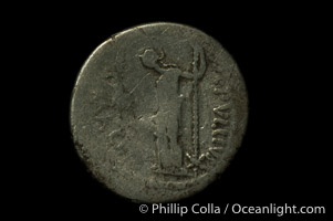 Roman dictator Julius Ceasar (48-44 B.C.), depicted on ancient Roman coin (silver, denom/type: Denarius) (Denarius P. Sepullis Macer; S 1072.)