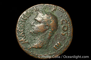 Roman emperor Agrippa (18-11 B.C.), depicted on ancient Roman coin (bronze, denom/type: As) (Issued by Caligula AS; F+; RIC 58, (Tib.) 32; BMC 161.)