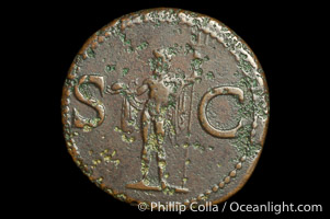 Roman emperor Agrippa (18-11 B.C.), depicted on ancient Roman coin (bronze, denom/type: As) (Issued by Caligula AS; F+; RIC 58, (Tib.) 32; BMC 161.)