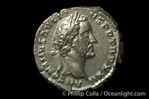 Roman emperor Antonius Pius (138-161 A.D.), depicted on ancient Roman coin (silver, denom/type: Denarius)