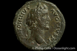 Roman emperor Antonius Pius (138-161 A.D.), depicted on ancient Roman coin (bronze, denom/type: As) (As. Obverse: ANTONIUS AVG PIUS PP. Reverse: TR POT COS II SC PAX (exergue). PAX stg left, holding branch and cornucopiae.)