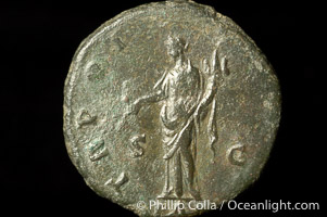Roman emperor Antonius Pius (138-161 A.D.), depicted on ancient Roman coin (bronze, denom/type: As) (As. Obverse: ANTONIUS AVG PIUS PP. Reverse: TR POT COS II SC PAX (exergue). PAX stg left, holding branch and cornucopiae.)