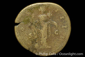 Roman emperor Antonius Pius (138-161 A.D.), depicted on ancient Roman coin (bronze, denom/type: Sestertius) (Sestertius Obverse: ANTONINVS AVG PIUS PP TR P XXIII. Reverse: FORTUNA OBSEQVENS COS IIII SC. Fortuna Obsequens std. left, holding rudder and cornucopiae.)