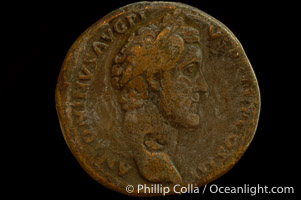 Roman emperor Antonius Pius (138-161 A.D.), depicted on ancient Roman coin (bronze, denom/type: Sestertius) (Sestertius Obverse: ANTONINVS AVG PIUS PP TR P COS III. Reverse: OPS AVG.)