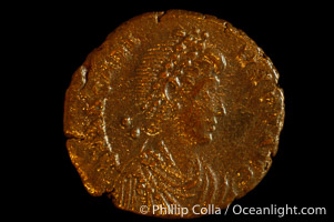 Roman emperor Arcadius (383-408 A.D.), depicted on ancient Roman coin (bronze, denom/type: AE3) (AE 16mm; Sear 4233. Obverse: DN ARCADIVS PF AVG. Reverse: VIRTVS EXERCITI, CONSB exergue.)