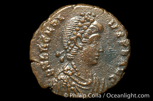 Roman emperor Arcadius (383-408 A.D.), depicted on ancient Roman coin (bronze, denom/type: AE3) (AE 16mm; Sear 4233. Obverse: DN ARCADIVS PF AVG. Reverse: VIRTVS EXERCITI, CONSB exergue.)