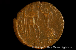 Roman emperor Arcadius (383-408 A.D.), depicted on ancient Roman coin (bronze, denom/type: AE3) (AE 16mm; Sear 4233. Obverse: DN ARCADIVS PF AVG. Reverse: VIRTVS EXERCITI, CONSB exergue.)