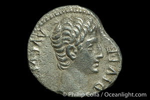 Roman emperor Augustus (27 B.C.-14 A.D.), depicted on ancient Roman coin (silver, denom/type: Denarius) (Denarius, Actian Apollo; Battle of Actium. Sear 1611.)